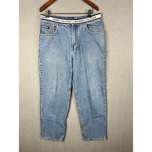 Vintage Y2k Tommy Hilfiger Spellout Waistband Denim Baggy Jeans Men's 33x32‎